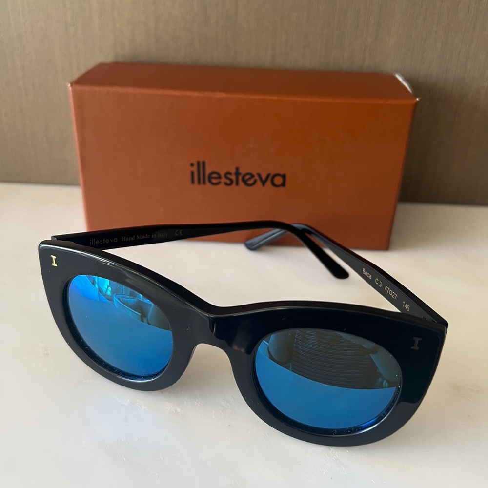 illesteva Boca Black Matte Sunglasses with Blue Mirrored Lenses